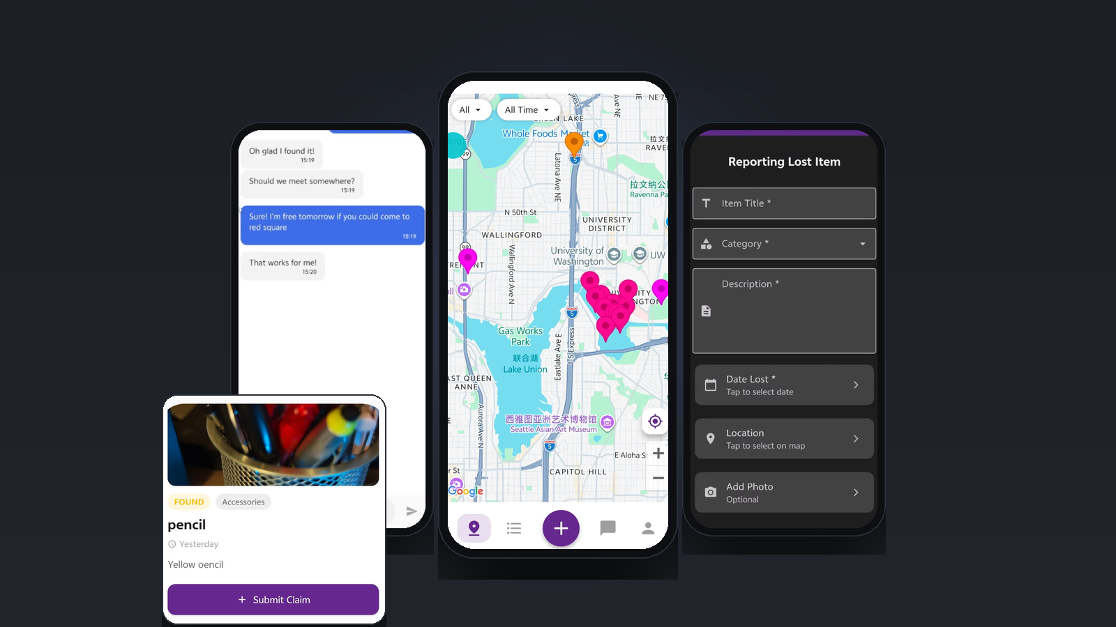 Valuables app showing a live map of geolocated lost-and-found listings